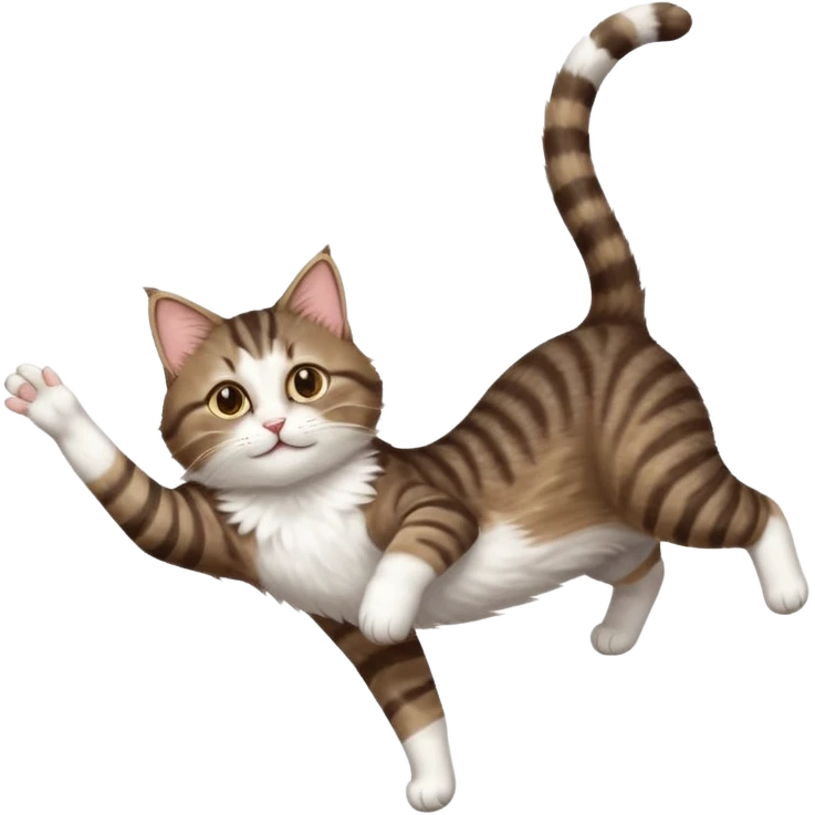 dark brown tabby and white cat with doing a big extremely long stretch reaching up into the air with arms and legs side by side together straight and overextended whilst lying on its side emoji