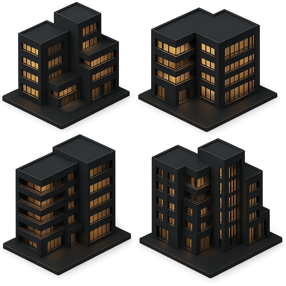 Create four variations of this new residential complex in 3D Black style, each with different modern architectural features and layouts. Emphasize depth, lighting, and a sleek, contemporary look. emoji