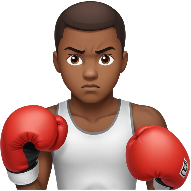 Close-up of a 19-year-old Black male boxer's face, determined expression, boxing gloves visible at the bottom of frame emoji