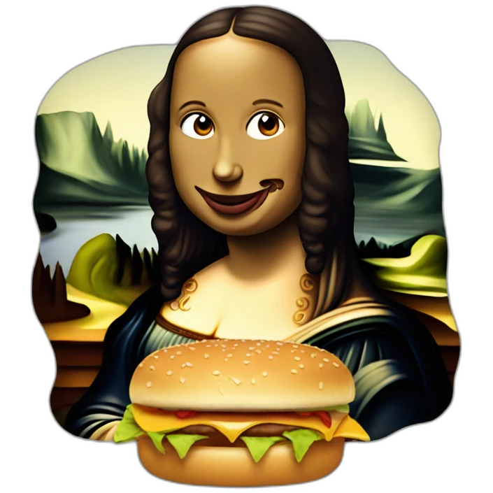 The Mona Lisa eating a burger emoji