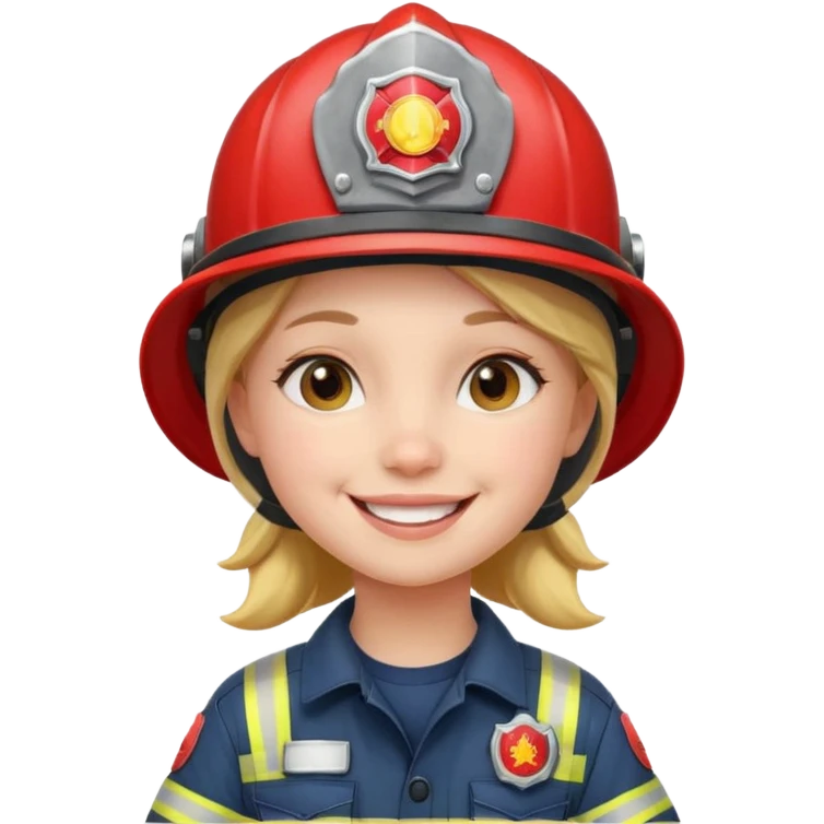 Young girl, firefighter helmet, smiling brightly emoji