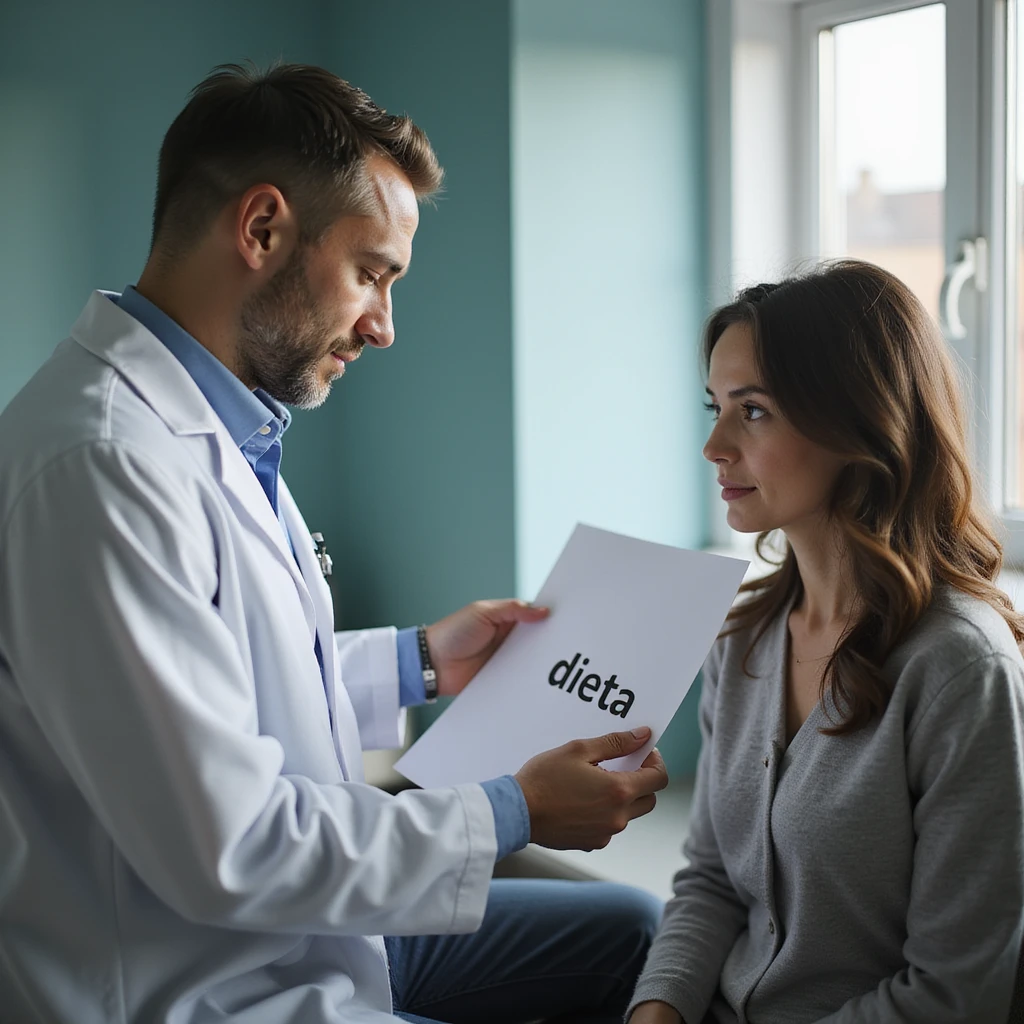 hyperrealistic 4K image of a male nutritionist in a white coat giving a sheet with the word 'dieta' to a seated woman in a medical office, variation 6 emoji