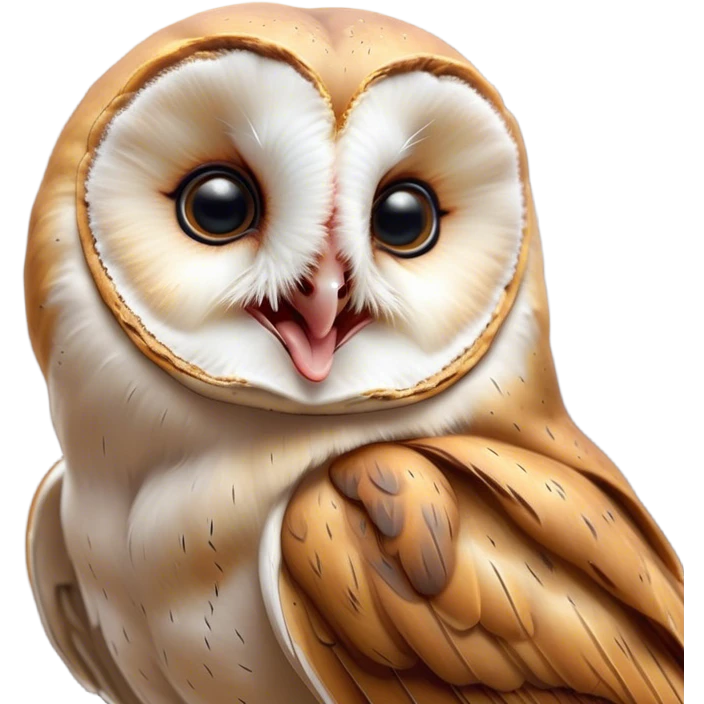 Cinematic Cute Yawning Barn Owl Portrait Emoji, Head tilted slightly with a dramatic, wide-open yawn, showcasing a soft, mottled plumage with subtle brown accents and gently drooping feathers, round amber eyes barely open in drowsy contentment, Simplified yet irresistibly adorable features, highly detailed, glowing with a soft, cozy glow, high shine, relaxed yet expressive, stylized with a touch of nocturnal whimsy, bright and endearing, soft glowing outline, capturing the essence of a sleepy yet affectionate owl, so drowsy it feels like it could glide out of the screen and curl up for a nap! emoji