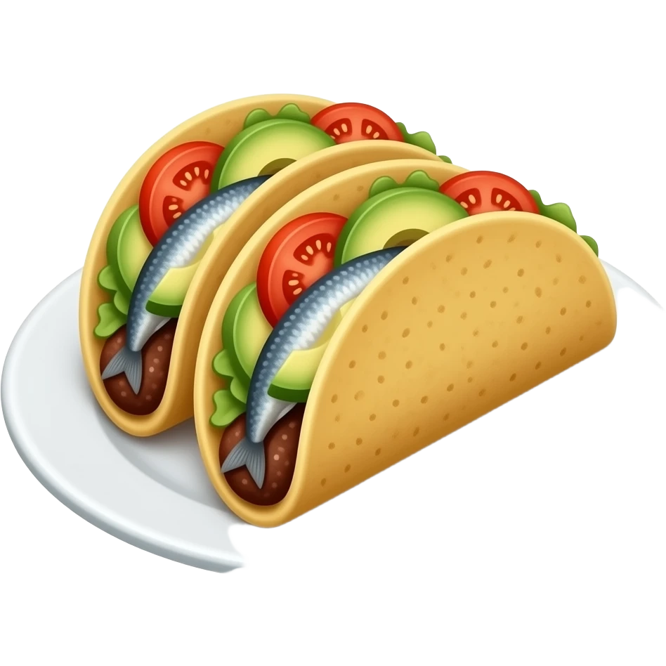 tacos de sardina, con aguacate y jitomate servidos en un plato blanco plano emoji