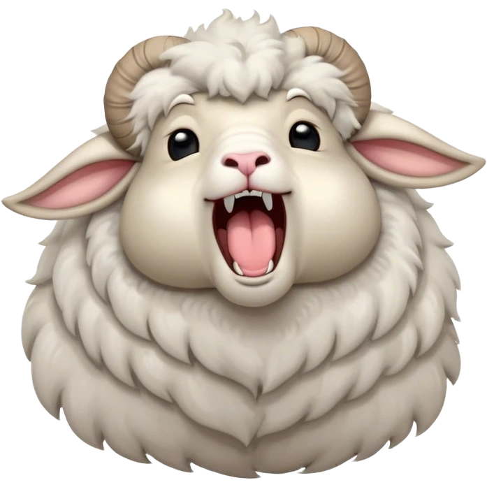 Cinematic Cute Yawning Ram Portrait Emoji, Head tilted slightly with a dramatic, wide-open yawn, showcasing a soft, woolly grey fur with gently drooping horns and ears, round dark eyes barely open in drowsy contentment, Simplified yet irresistibly adorable features, highly detailed, glowing with a soft, cozy glow, high shine, relaxed yet expressive, stylized with a touch of rugged whimsy, bright and endearing, soft glowing outline, capturing the essence of a sleepy yet affectionate ram, so drowsy it feels like it could stretch out of the screen and curl up for a nap! emoji