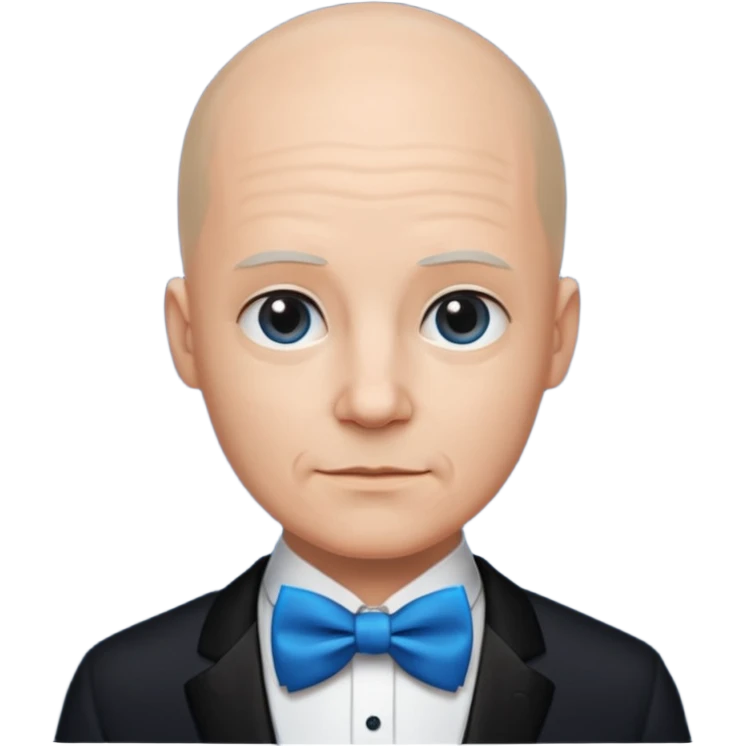 Bald with blue bow tie, midnight balck dress, middle age. emoji