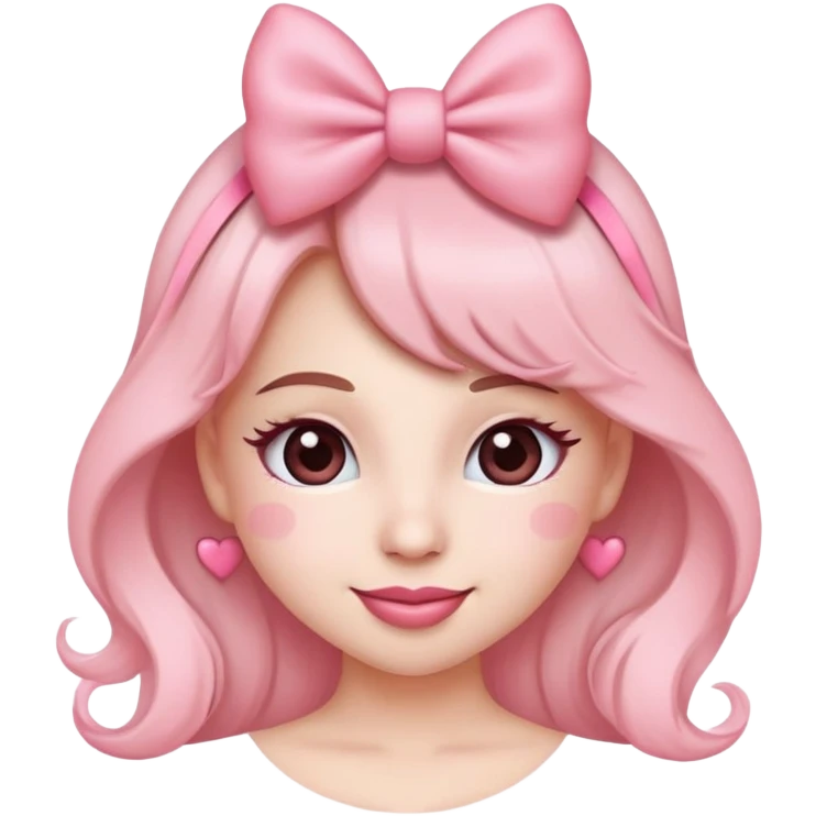 Ultimate coquette emoji with big pink bow, rosy cheeks, batting eyelashes, sweet smile, heart accents, ultra feminine, dainty, soft pink color palette emoji