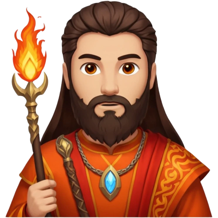Vulcan, Fire God from Rome Mythology with long dark brown hair and beard, orange and red outfit, light tan skin emoji