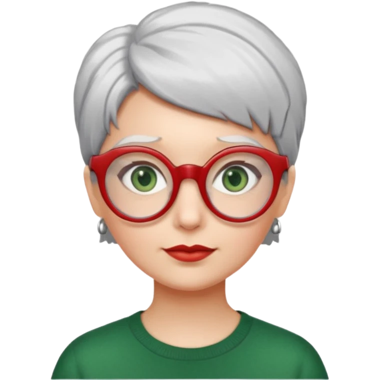 visage femme a lunettes pas épaisse ronde rouge avec cheveux courts gris-blancs aux yeux verts emoji