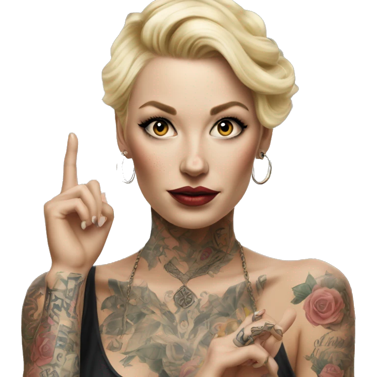 Blonde elegant women, her Body Covered with Tattoos, POINTING YOU with her HAND , Hyper realistic emoji