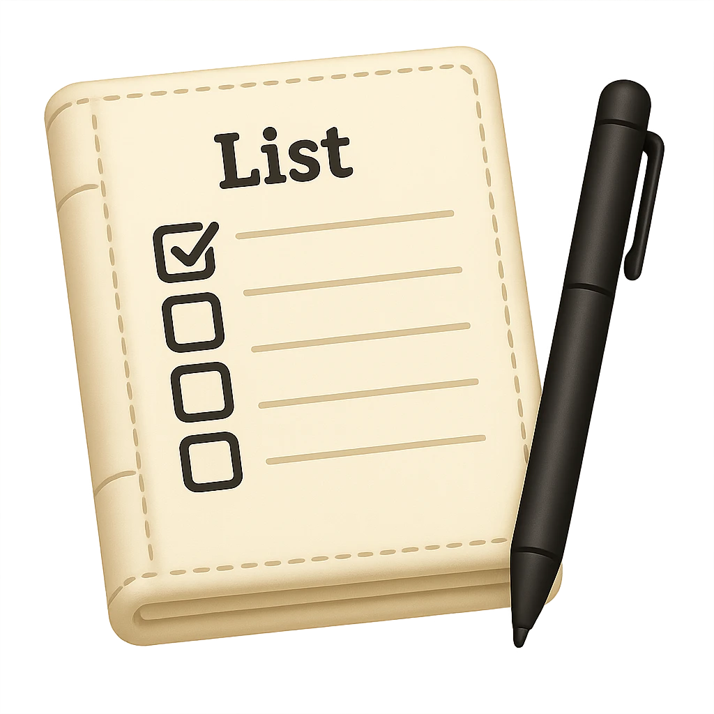 emoji of white leather notebook with some list on it and a black pen nearby emoji