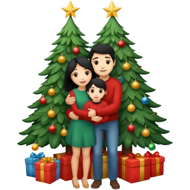 Generate Christmas-style emojis  family. Where light-skinned people stand near the tree all together, hugging and smiling. 2 girl should be Light-haired woman, 1 woman black-haired woman, and 1 man  emoji