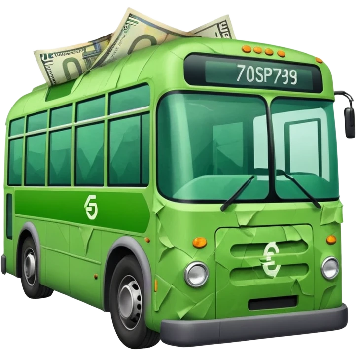 green electric bus with large euro bill marked with 0 emoji