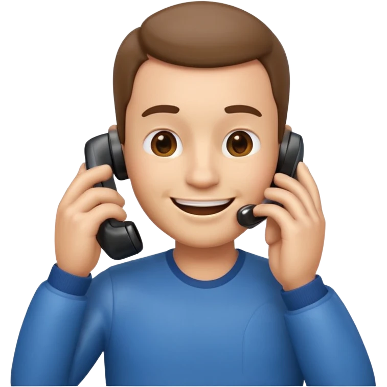 3D emoji style man talking on phone, holding a smartphone to his ear, smiling, rounded face, soft shading, glossy texture, Apple iOS emoji style, clean white background, centered, high detail, sticker style
 emoji