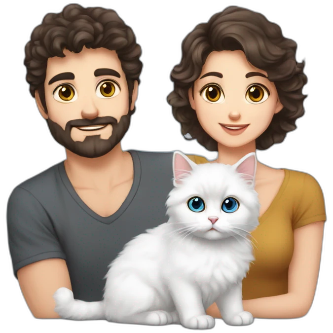 Family with dad brown eyes short dark hair, mother blue eyes curly brown hair, baby older 5 months, one Persian cat emoji