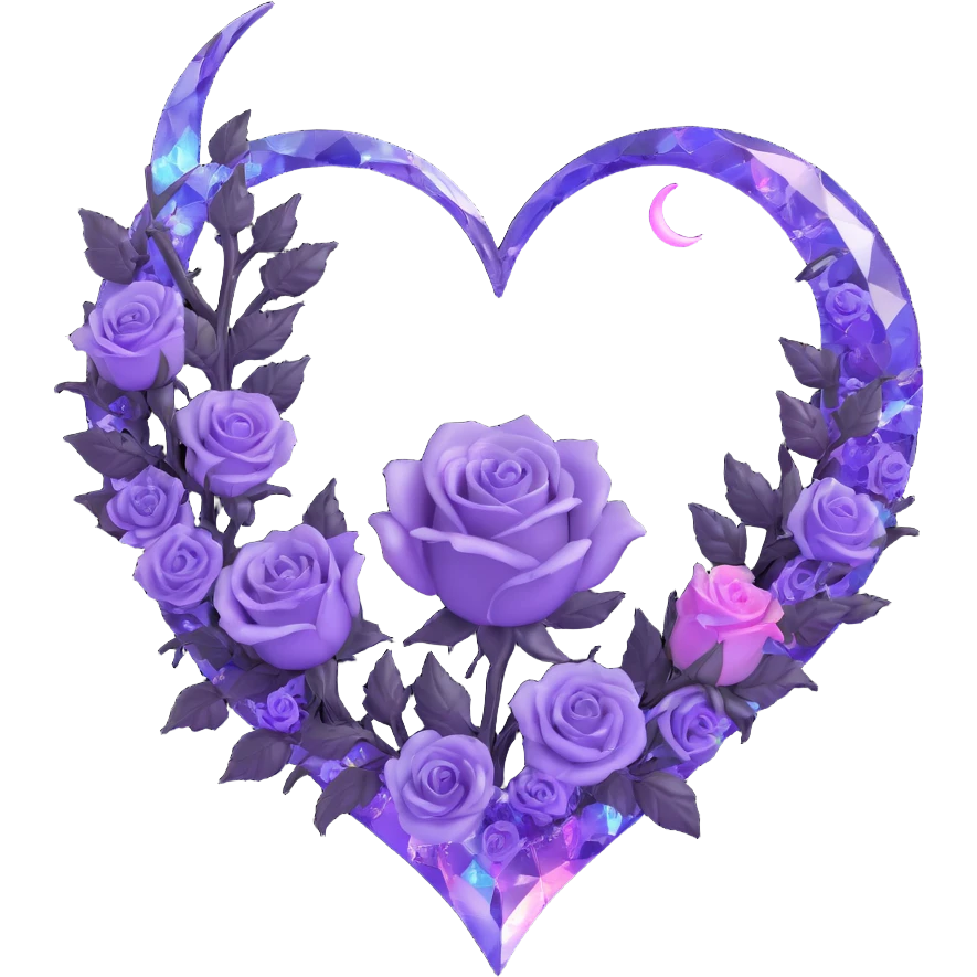 gothic heart made of crystal lilac glass, silver crescent moon, glowing pastel roses, holographic stardust, neon purple lightning, drenched and splintered glass emoji