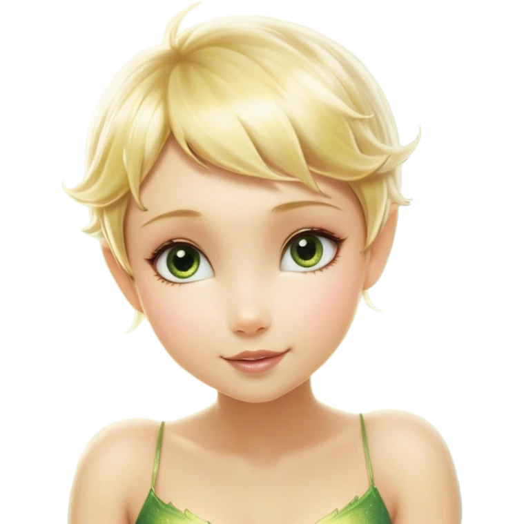 Cinematic Realistic Blonde Tinker Bell Fairy Portrait, depicted with lifelike, delicate skin glowing with a subtle radiant aura, soft natural lighting accentuating her gentle features, and intricately detailed golden blonde hair styled in a whimsical pixie cut. Her iridescent, translucent wings shimmer with delicate fairy dust, and her expressive, sparkling eyes reflect a world of magic. Adorned in a subtle blend of woodland greens and soft pastel accents, the portrait exudes an enchanting glow that seamlessly merges realism with fairy charm. emoji