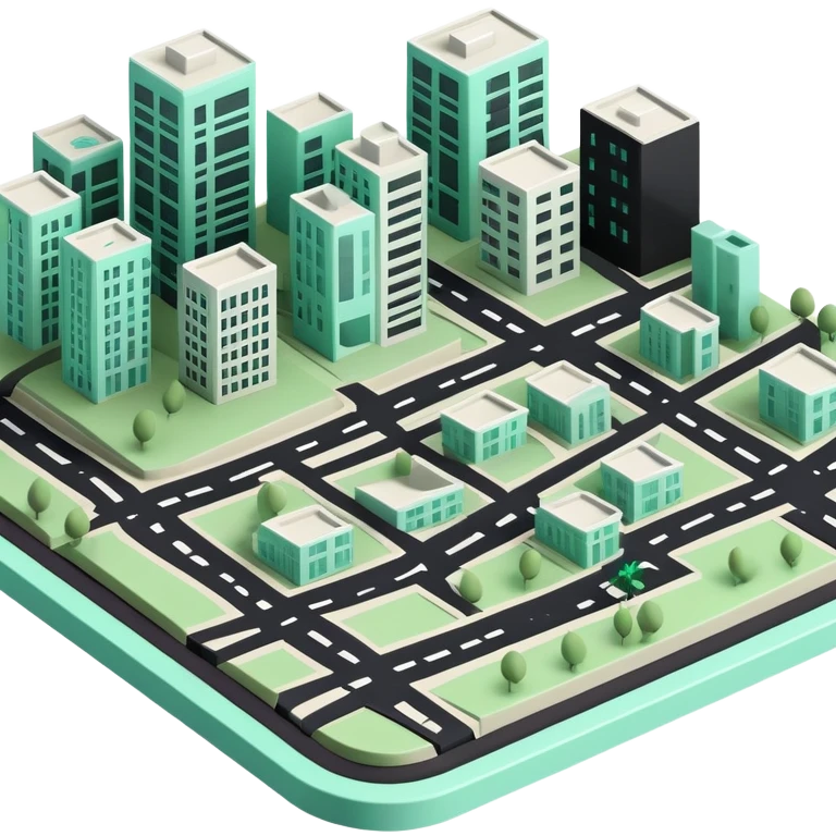 Urbanisme & Aménagement (Urban Planning), 3D technical icon with black and mint green (#B5F4D3), detailed zoning plan with cross-sections and regulatory boundaries emoji