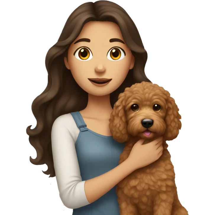 brunette girl holding golden doodle  emoji