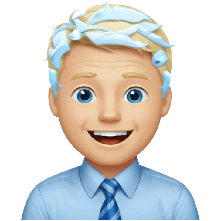 A guy with blonde hair and blue eyes that looks masculine. make him wear a shirt with a tie. he is danish. He is laughing extremely hard. More extreme expression emoji