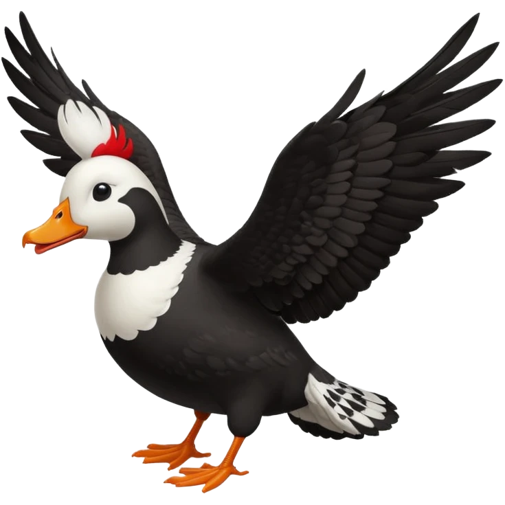 Muscovy Duck, simple emoji style, flying, wings spread, black and white pattern, red face emoji