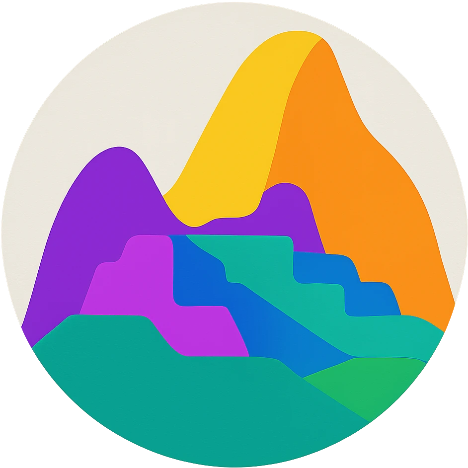 Transform the Machu Picchu logo into a circular badge shape, keeping the abstract vibrant color style and preserving the transparent background, emphasizing vibrant abstract colors and dynamic composition. emoji