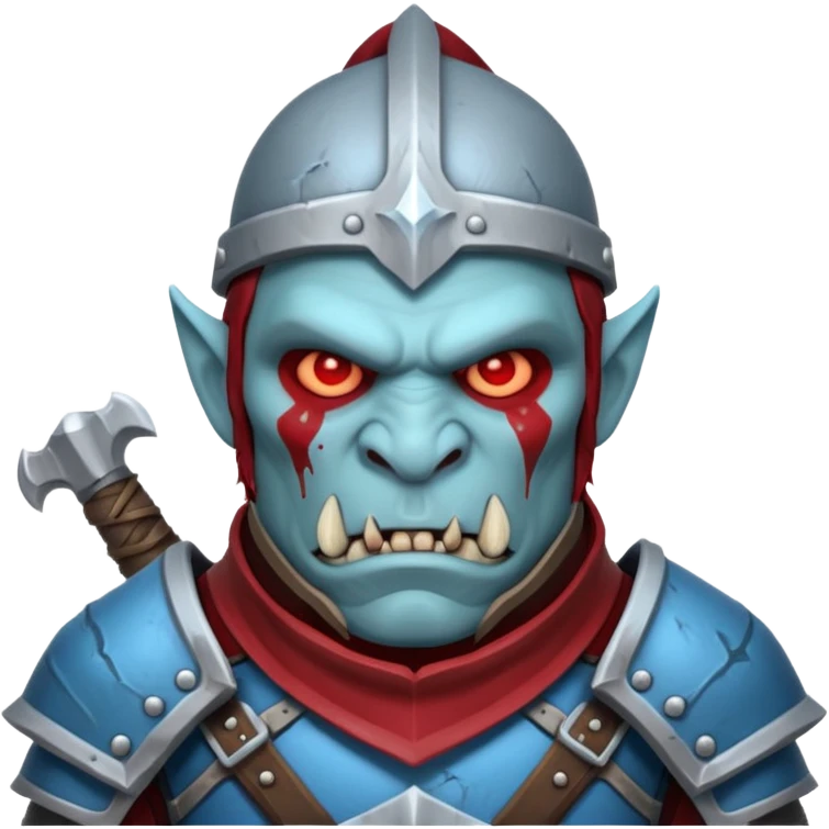 Fantasy Christmas orc legion soldier icon, iron tundra army theme, heavy winter armor, disciplined brutal look, cold steel armor cracked with frozen crimson lines, bloodfrost effect, icy blue and dark red color palette, minimal clean emoji style emoji