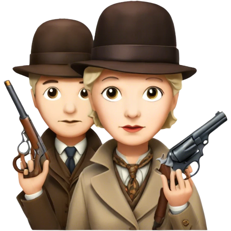 Icon for Detective Movies: A colorful collage with Sherlock Holmes, Miss Marple and Pinkerton. Include gun, clues and detective tools. The design should evoke mystery and intrigue, with a classic detective movie feel. Transparent background. emoji