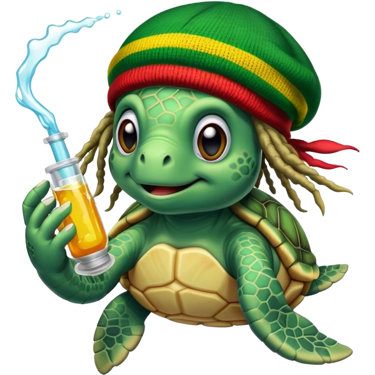 Sea turtle, taking a bong rip. wearing a rasta beanie with dreads. emoji