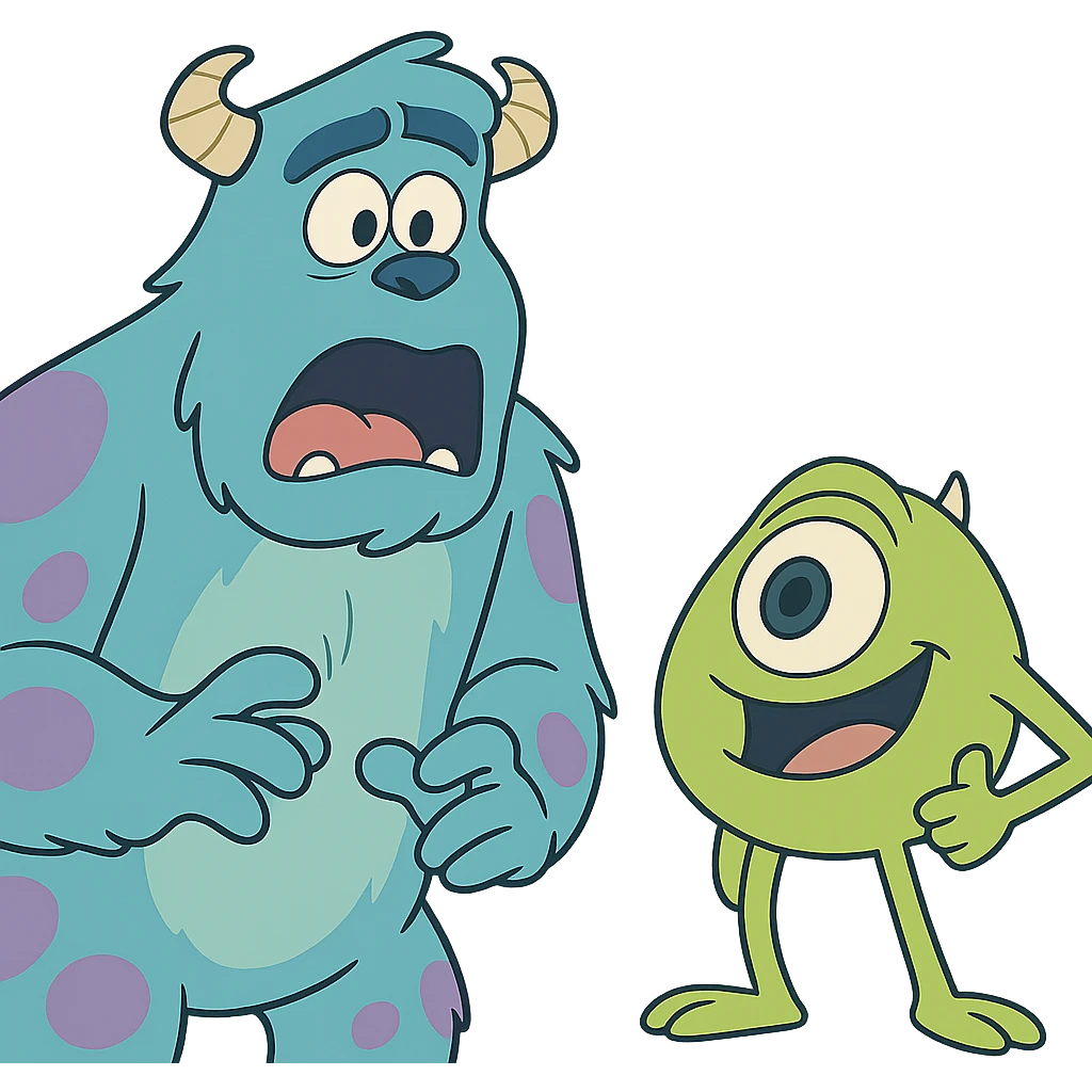 James P. Sullivan Sulley from Monsters Inc, surprised expression, mouth open, blue fur, purple spots, cartoon style matching confident Mike Wazowski emoji
