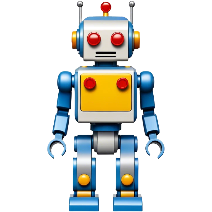 A big photorealistic icon featuring a detailed robot figure built from LEGO bricks, with intricate parts and colorful pieces. The design includes the LEGO logo subtly visible, with a focus on the craftsmanship and creativity of the build. Transparent background. emoji