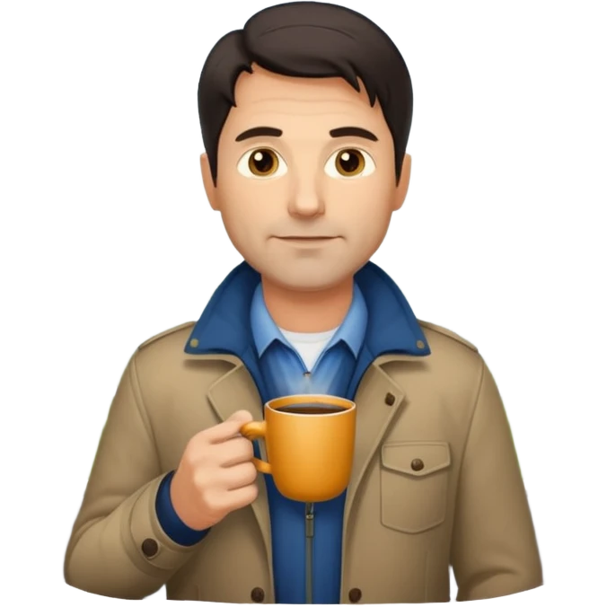 A handsome 45 year old white man with dark hair in a very foggy park drinking a cup of coffee emoji