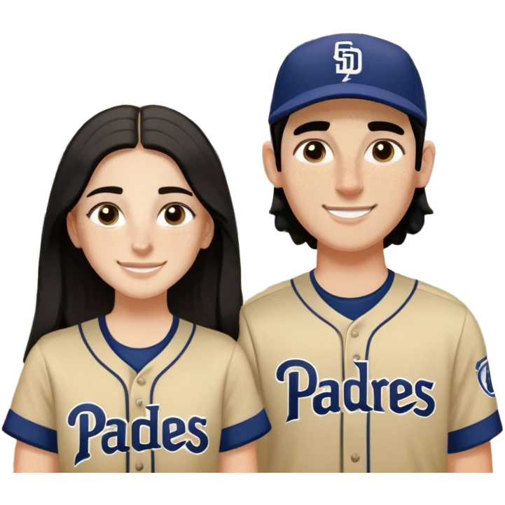 White Smiling couple. Girl has medium cheeks and a lot of freckles on the nose. Long hair. The boy has black short hair and prominent eyebrows with egipcian nose. Both are wearing “Los Padres” baseball jerseys and with a sign that says “Go Padres” emoji