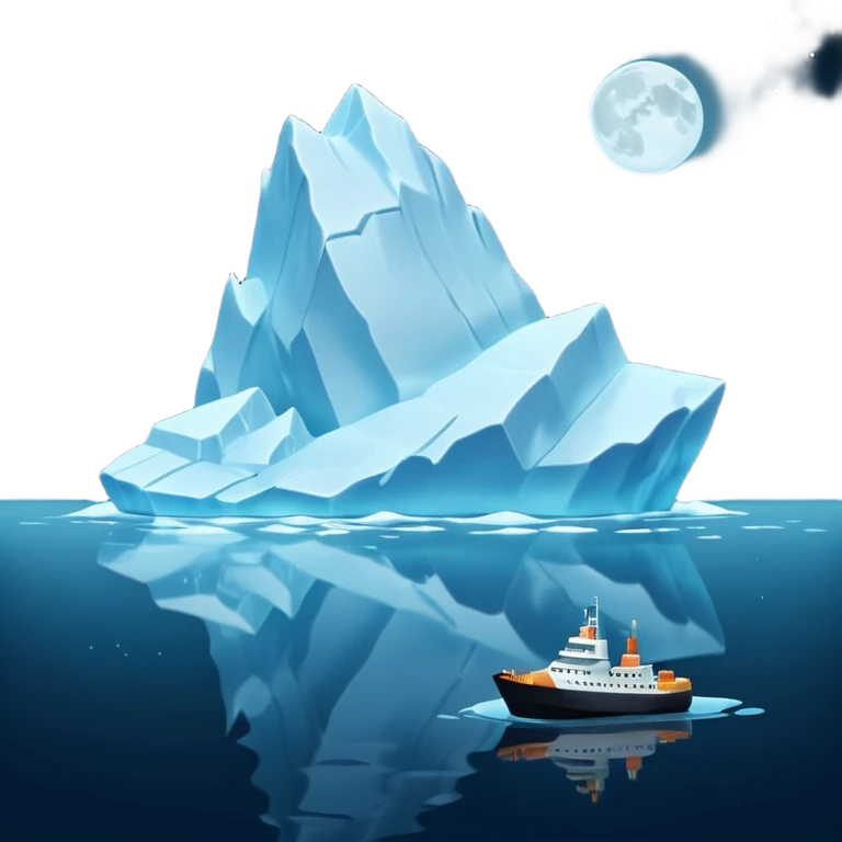 A 3D iceberg in Apple Memoji style, no face, smooth and glossy, floating in dark ocean at night, soft moonlight, subtle reflections, minimal style. A tiny ship in the distance approaching. Pixar-style render, cinematic and clean.
 emoji