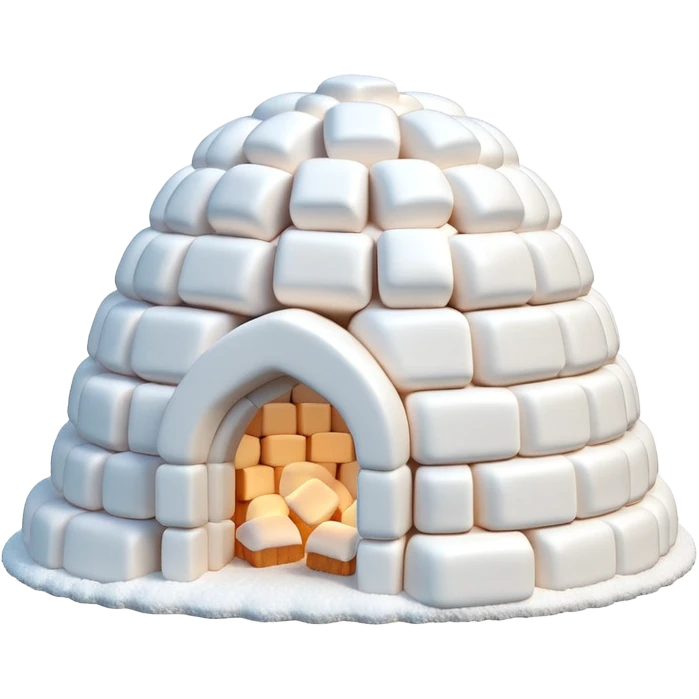 3D render of Marshmallow Igloo, made entirely of dessert materials, glistening sugar crystal texture, soft powdery white marshmallow bricks, delicious confectionery aesthetic, Apple emoji style, isolated on white background --v 6.0. emoji
