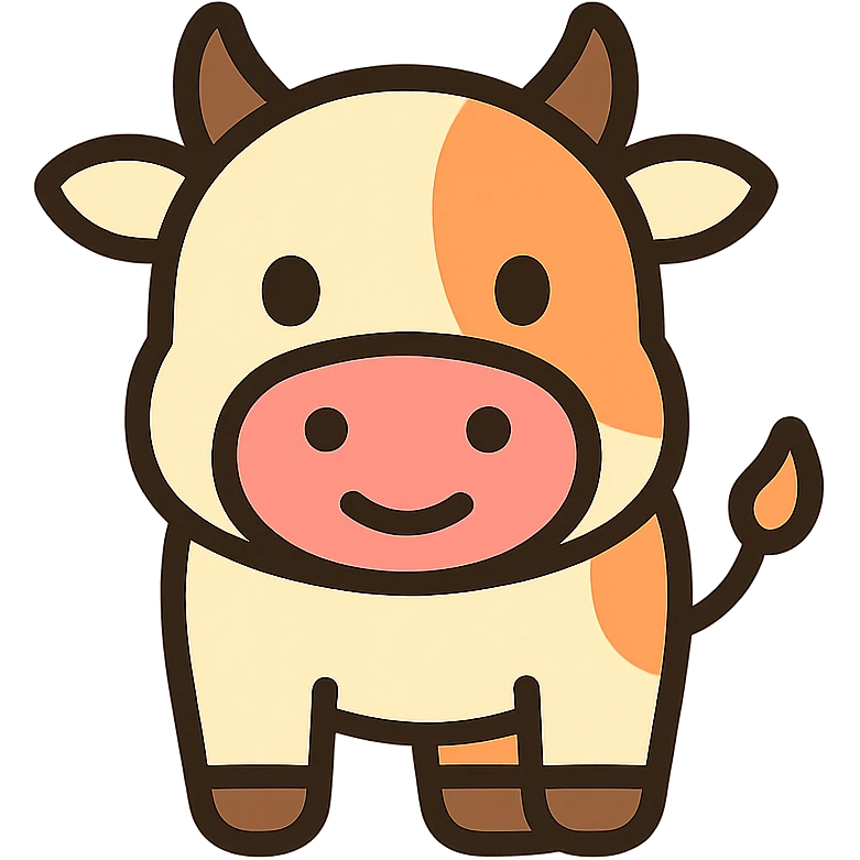cute cartoon cow icon, rounded shapes, friendly expression, small horns, modern icon style emoji