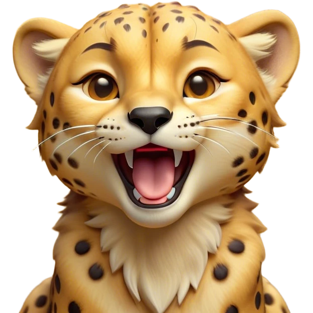 Cinematic Cute Yawning Cheetah Portrait Emoji, Head tilted slightly with a dramatic, wide-open yawn, showcasing a soft, sleek golden Fur with distinctive spots and floppy ears slightly drooping, round amber eyes barely open in drowsy contentment, Simplified yet irresistibly adorable features, highly detailed, glowing with a soft, cozy glow, high shine, relaxed yet expressive, stylized with a touch of savannah whimsy, bright and endearing, soft glowing outline, capturing the essence of a sleepy yet affectionate cheetah, so drowsy it feels like it could stretch right out of the screen and curl up for a nap! emoji