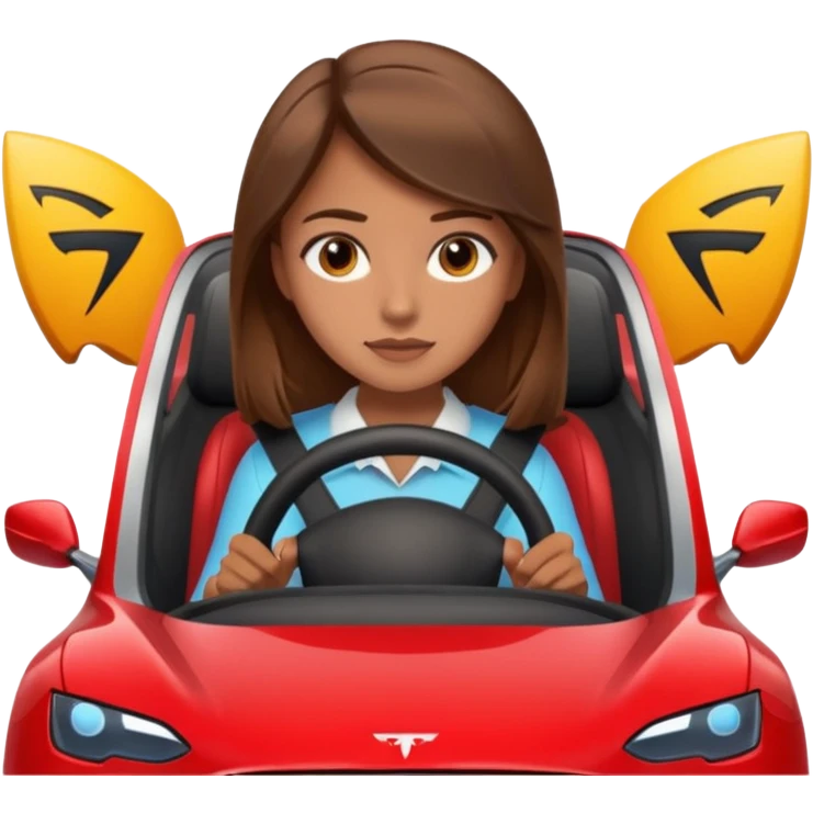 A girl driving a Tesla with brown hair emoji