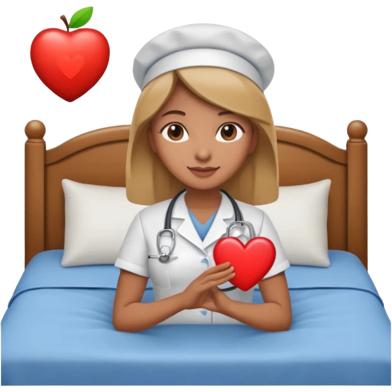 a caring nurse holding a heart symbol next to a bed icon, warm friendly Apple-style emoji emoji
