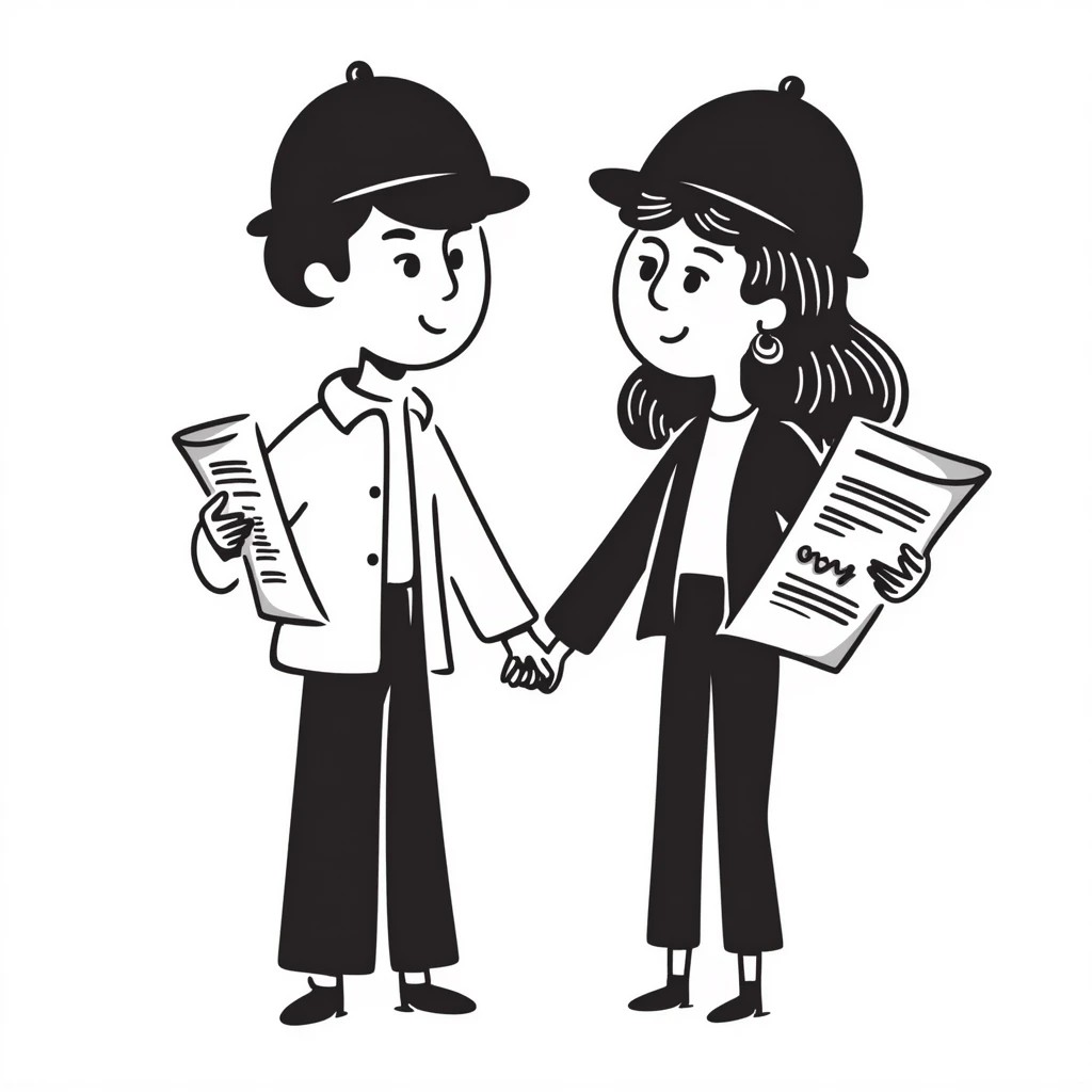 a couple holding hands, boyfriend with short brown hair, girlfriend with long brown curls, both wearing construction helmets and holding construction plans, hand drawn doodle style emoji