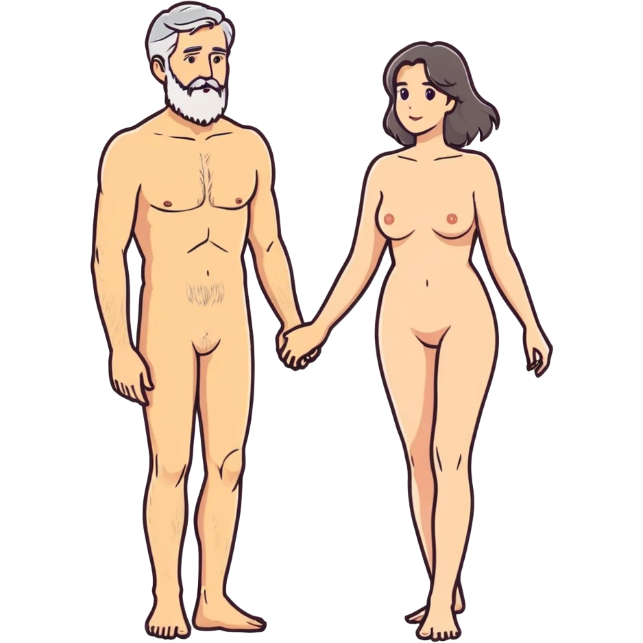 Grey haired bearded man and pretty brunette woman naked emoji