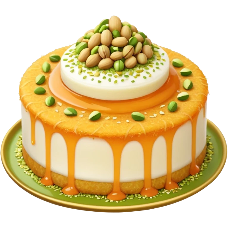 A small round emoji of traditional kanafeh with golden-orange crispy threads, a gooey white cheese center, and a light sprinkle of green pistachios. Warm and delicious-looking. emoji