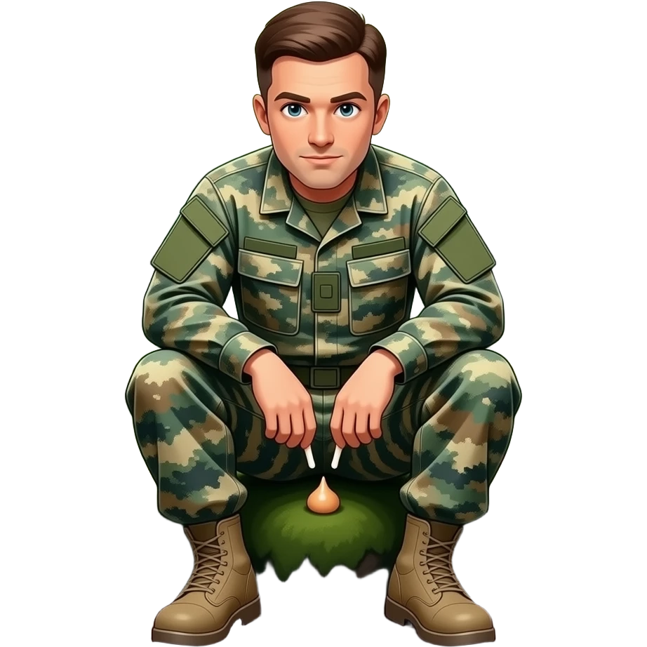 A man in marine camo pooping in the woods with his trousers down to his ankles emoji