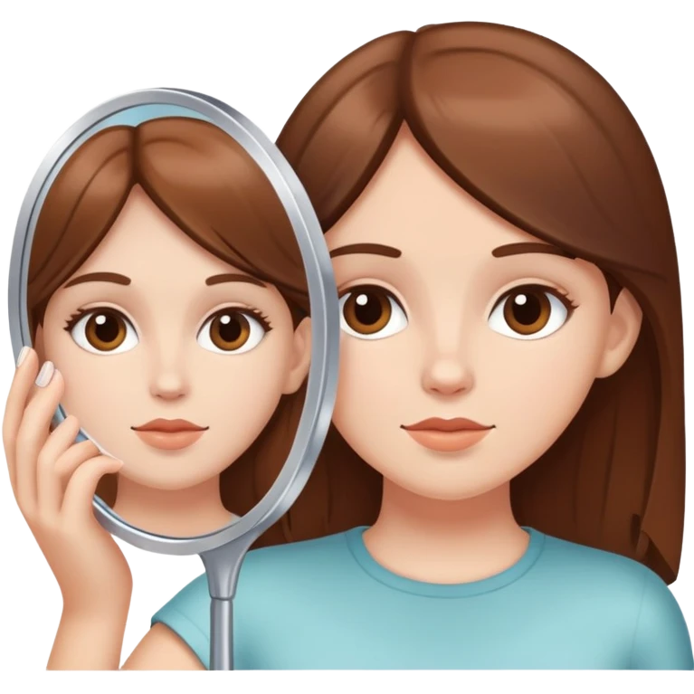 White girl with brown hair looking in a handheld mirror emoji