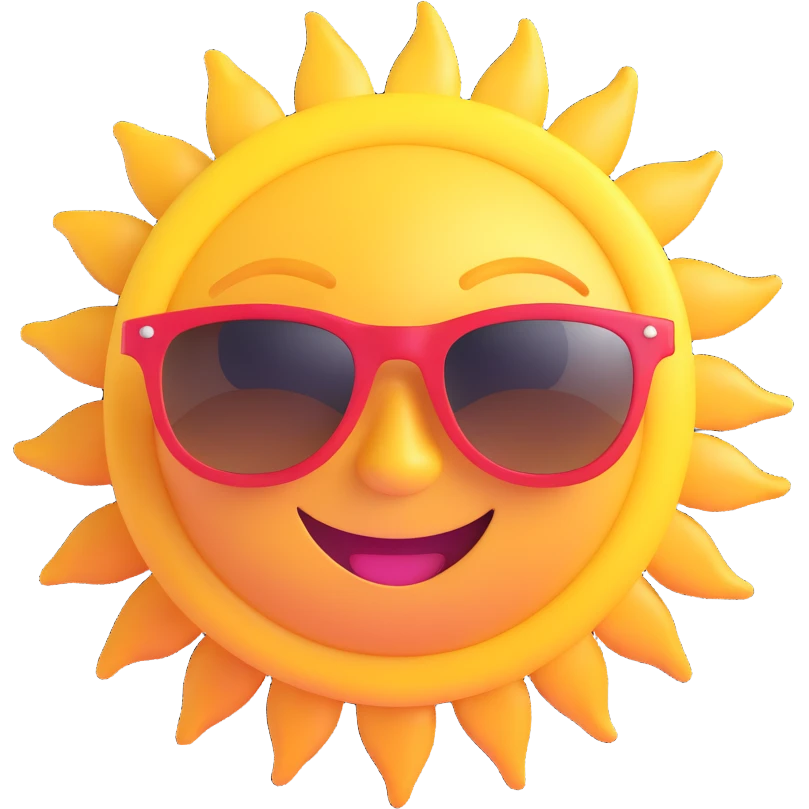 A happy sun with sunglasses, rays of light, and a smiling face emoji