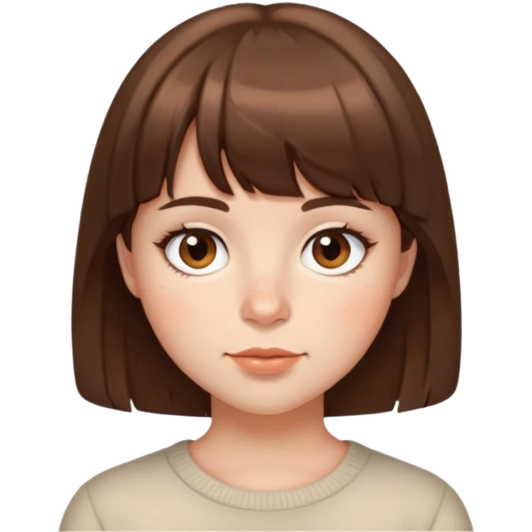 Cabelo curto, bochechas grandes, olhos castanhos, cabelo castanhos, poucas sardas, franja emoji