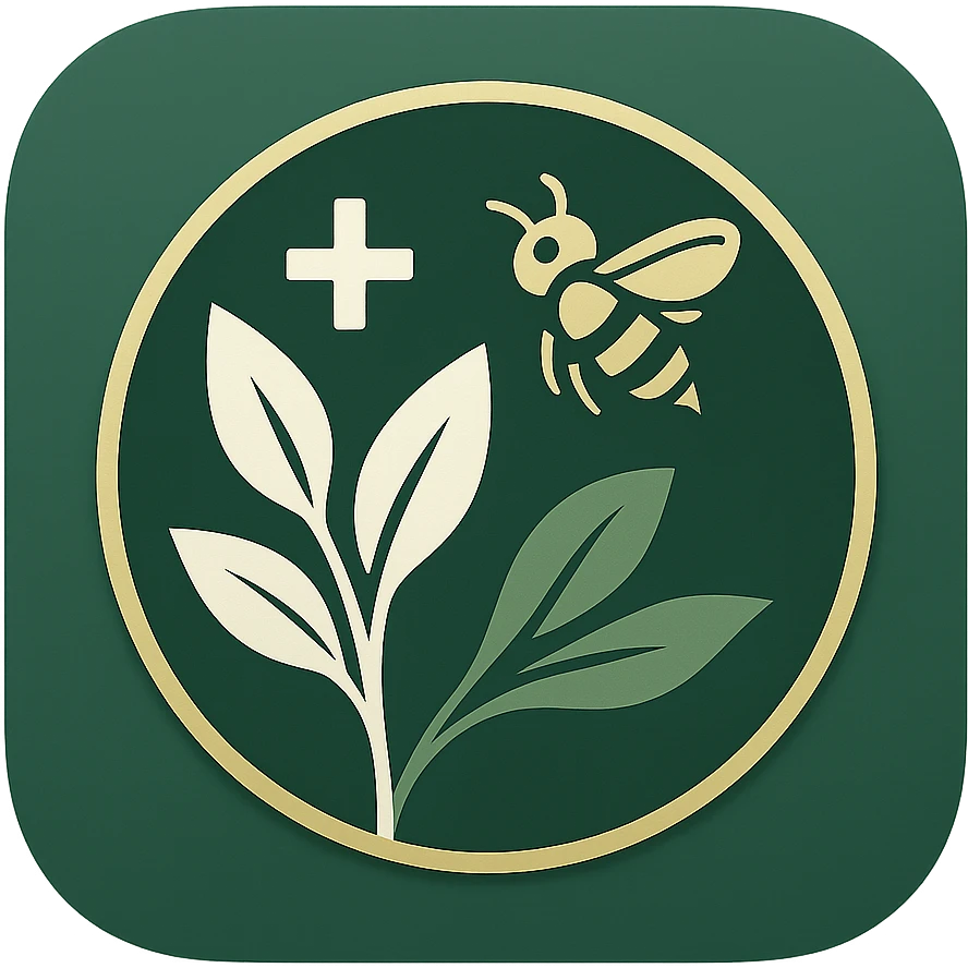 macOS CRM app icon for herbal therapy, with a circular emblem containing a stylized plant, a bee, and a subtle cross symbol, green, gold, and white color palette, sleek and professional, no text emoji