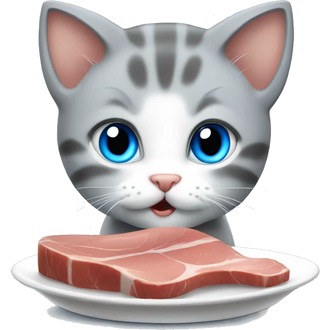 blue eyes grey kitten eat plate meat emoji