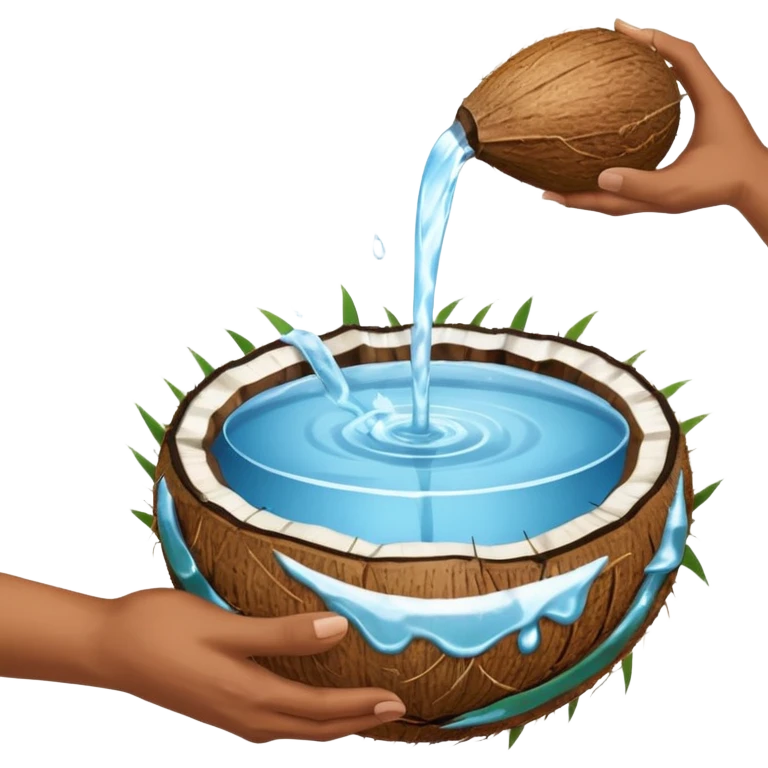 two hands with water in it, pouring the water down onto a full coconut emoji