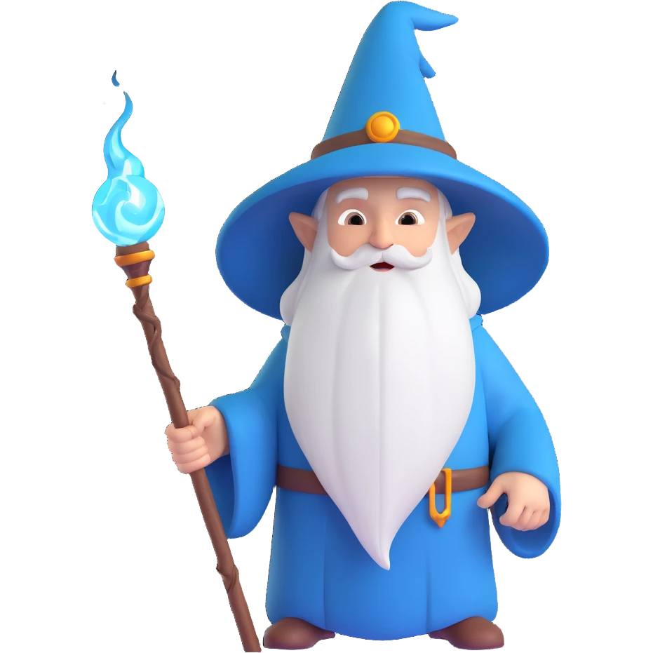 strange wizard, memoji style, exaggerated facial features, holding a glowing staff emoji